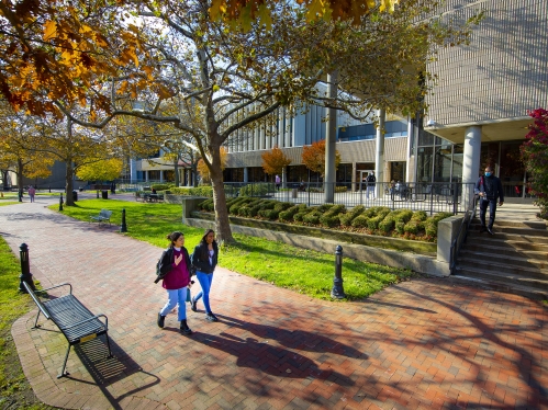 two students walking through campus